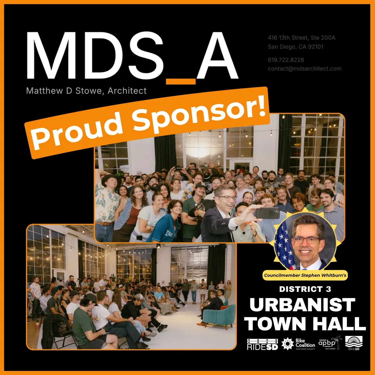 Proud sponsor card for Councilmember Stephen Whitburn's District 3 Urbanist Town Hall, carrying the MDS_A wordmark and contact details, two photographs from the event, and the logos of RIDE SD, Bike Coalition San Diego County, APBP San Diego and BIKESD.