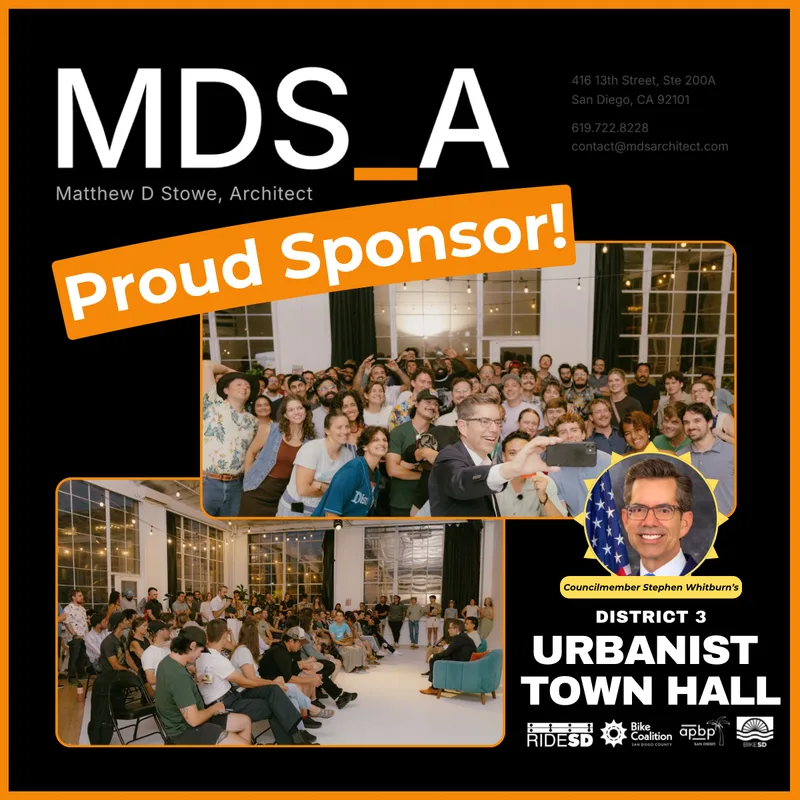 Proud sponsor card for Councilmember Stephen Whitburn's District 3 Urbanist Town Hall, carrying the MDS_A wordmark and contact details, two photographs from the event, and the logos of RIDE SD, Bike Coalition San Diego County, APBP San Diego and BIKESD.